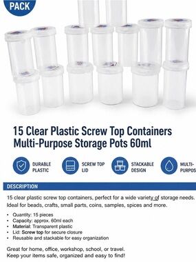 15x Clear Plastic Storage Containers Screw Lid Small Jars Slime Sample Organizer